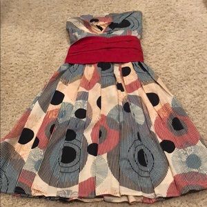 Anthropologie Strapless Dress with Red and Blue Pattern